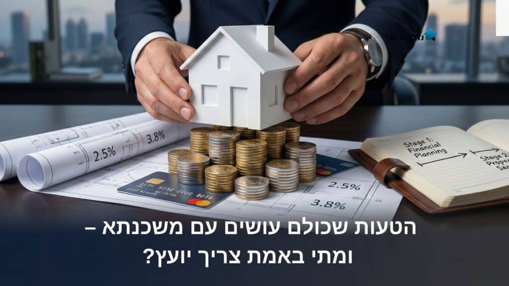 גבר בחליפה ליד ערימות מטבעות ומפתח בית – הטעות שכולם עושים עם משכנתא