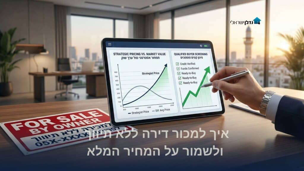 איך למכור דירה ללא תיווך - טאבלט עם גרפים וניתוח שוק לצד שלט For Sale By Owner במשרד מודרני