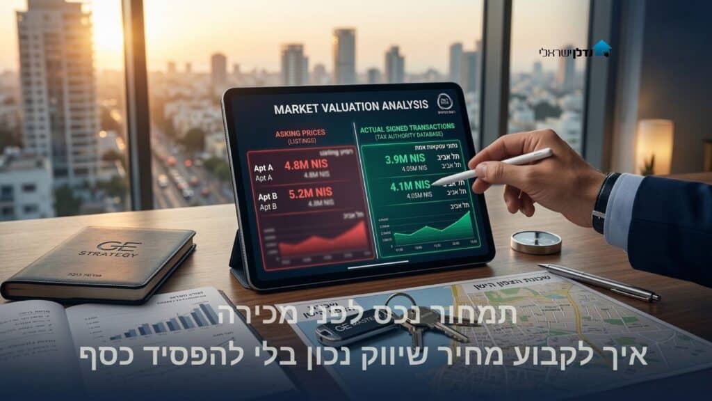 תמחור נכס לפני מכירה - טאבלט עם ניתוח שוק וגרפי מחירים על שולחן עבודה עם נוף עירוני