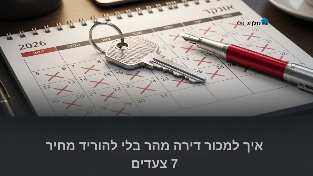 לוח שנה עברי 2026 עם ימים מסומנים ב-X מפתח דירה ועט – איך למכור דירה מהר 7 צעדים בלי להוריד מחיר