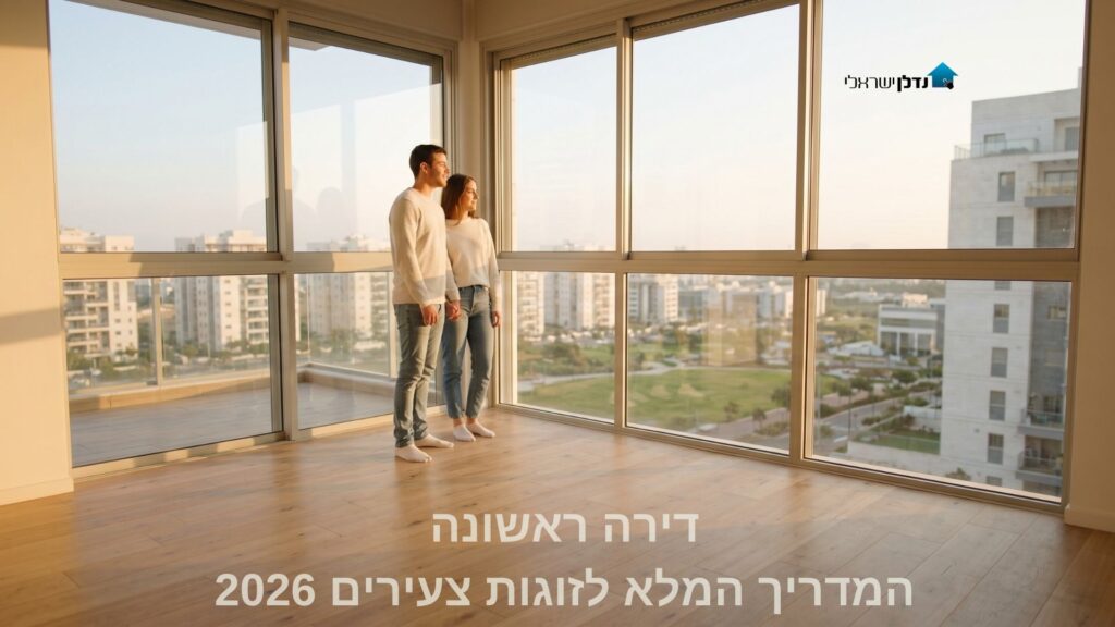 זוג צעיר בדירה ריקה עם חלונות פנורמיים ונוף עירוני – דירה ראשונה מדריך לזוגות צעירים
