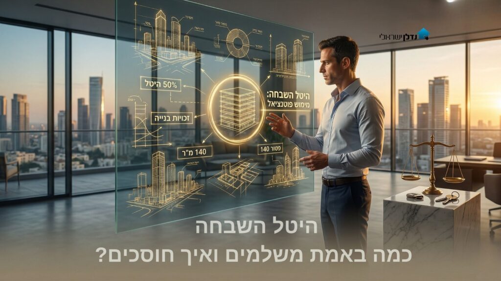 גבר בחליפה לצד מסך דיגיטלי עם סמלי מס על רקע מגדלי מגורים – היטל השבחה כמה באמת משלמים ואיך חוסכים