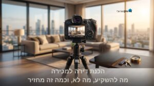 מצלמה מקצועית על חצובה מצלמת סלון דירה מעוצב לפני מכירה – הכנת דירה למכירה והשקעה ב-Home Staging