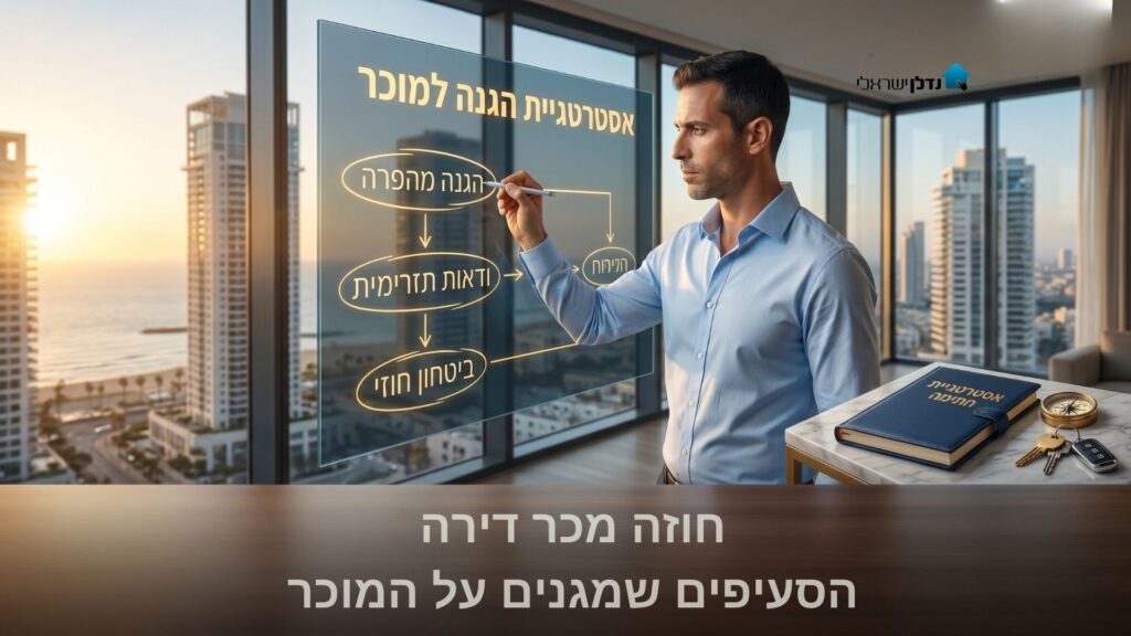 גבר מציג אסטרטגיית הגנה למוכר על לוח זכוכית עם תרשים הגנה מהפרה וביטחון חוזי – חוזה מכר דירה