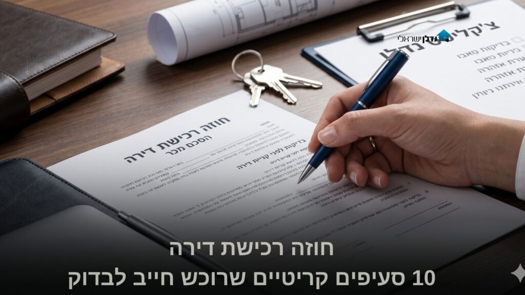 יד חותמת על חוזה רכישת דירה עם מפתחות ומסמכי בדיקה – 10 סעיפים קריטיים שרוכש חייב לבדוק