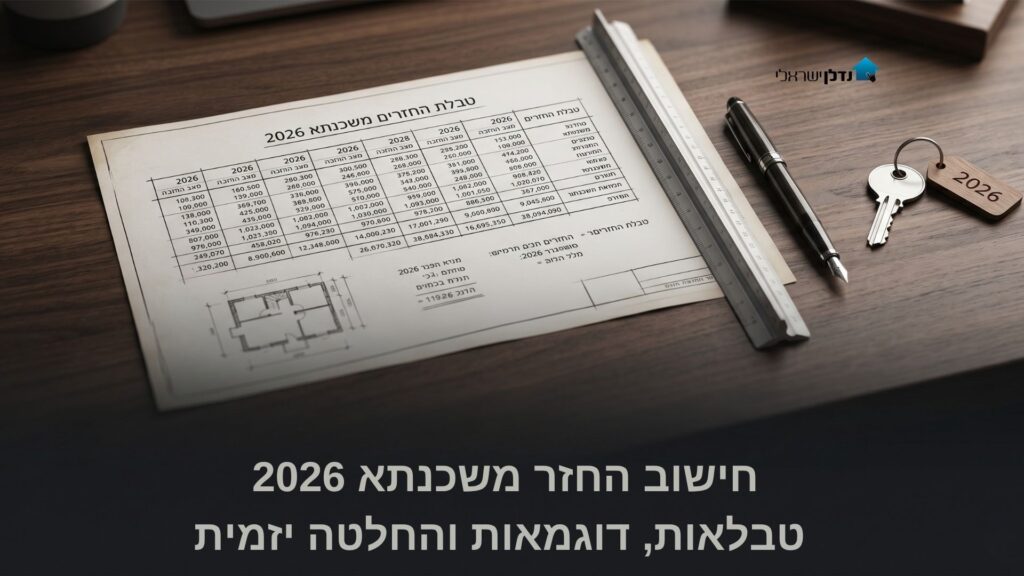 טבלת החזרי משכנתא 2026 עם תשריט דירה עטים וסרגל על שולחן – חישוב החזר משכנתא לפי סכום ותקופה