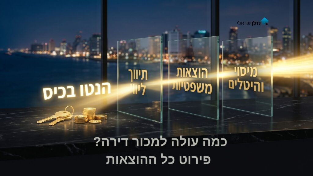 לוחות זכוכית עם פירוט הוצאות מכירת דירה מיסוי תיווך ועלויות משפטיות על רקע עירוני