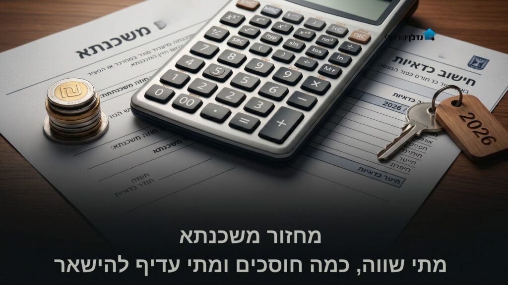 מחשבון מטבעות שקל וטופס חישוב כדאיות על שולחן עם מפתח דירה – מחזור משכנתא 2026 חיסכון ועלויות