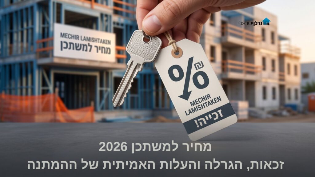 יד מחזיקה מפתח עם תגית מחיר למשתכן וסימן אחוז ליד אתר בנייה – מחיר למשתכן 2026 זכאות הגרלה ועלות המתנה