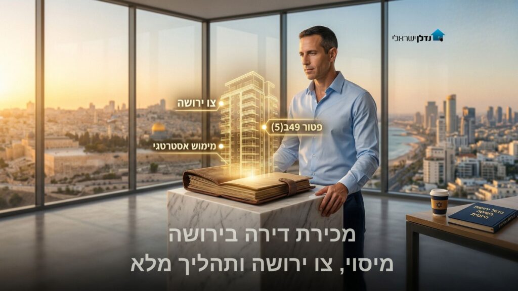 גבר עם טאבלט מול מסך דיגיטלי עם מסמכים משפטיים על רקע מגדלים – מכירת דירה בירושה מיסוי צו ירושה ותהליך מלא