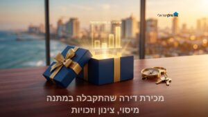 קופסת מתנה פתוחה עם גרף שווי מכירה מול מחיר רכישה מקורי – מכירת דירה שהתקבלה במתנה מיסוי וצינון