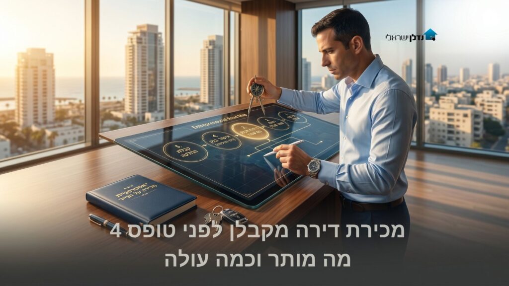 גבר במשרד עם נוף עירוני מצביע על מפת דרכים יזמית דיגיטלית – מכירת דירה מקבלן לפני טופס 4