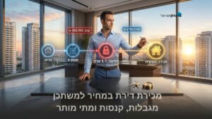 גבר במשרד מול מסך דיגיטלי עם סמלי איסור ונתוני דירות – מכירת דירת מחיר למשתכן מגבלות וקנסות