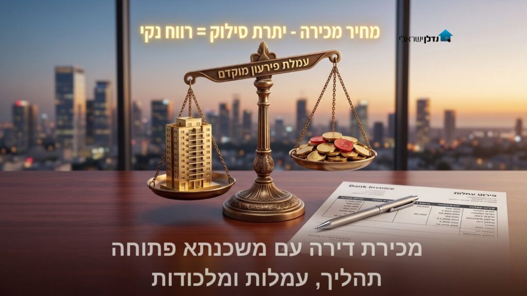 מאזניים עם בניין מול מטבעות ועמלת פירעון מוקדם – מכירת דירה עם משכנתא פתוחה תהליך ועמלות