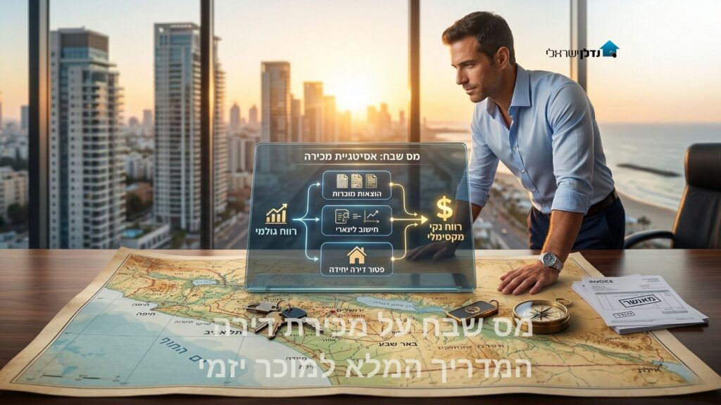 גבר מנתח נתונים פיננסיים על מסך דיגיטלי על רקע קו רקיע – מס שבח על מכירת דירה המדריך המלא