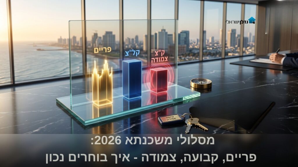 שלושה עמודי גרף פריים קבועה וצמודה על לוח זכוכית במשרד – מסלולי משכנתא 2026 השוואה ובחירה