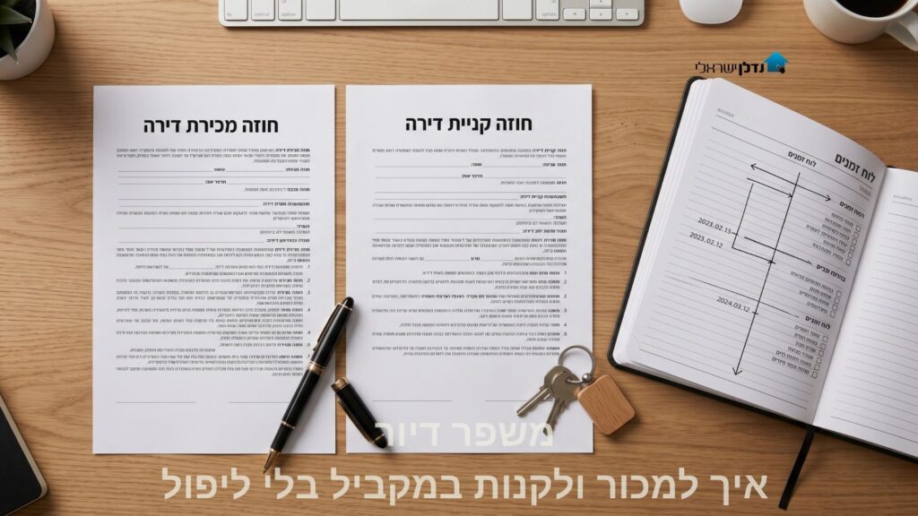 שני חוזי מכירה וקנייה על שולחן עם יומן לוח זמנים ומפתחות – משפר דיור למכור ולקנות במקביל