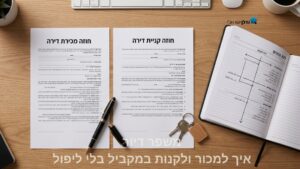 שני חוזי מכירה וקנייה על שולחן עם יומן לוח זמנים ומפתחות – משפר דיור למכור ולקנות במקביל