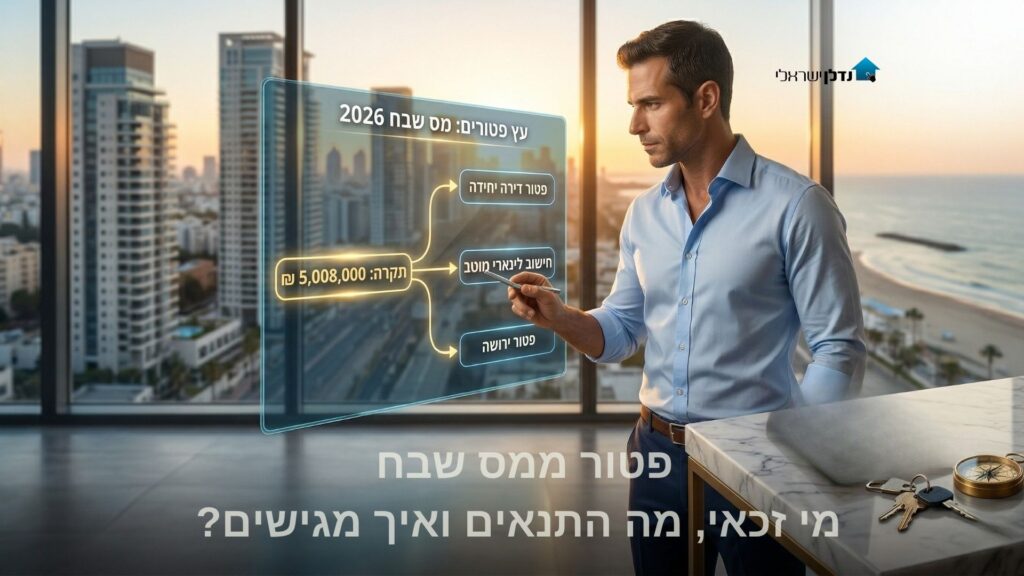גבר מצביע על מסך דיגיטלי עם תרשימי מס על רקע מגדלי מגורים – פטור ממס שבח מי זכאי ואיך מגישים