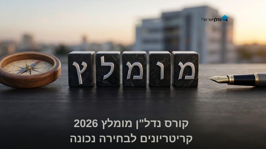 קוביות שיש עם הכיתוב מומלץ מצפן ועט נובע על רקע עירוני – קורס נדלן מומלץ 2026 קריטריונים לבחירה