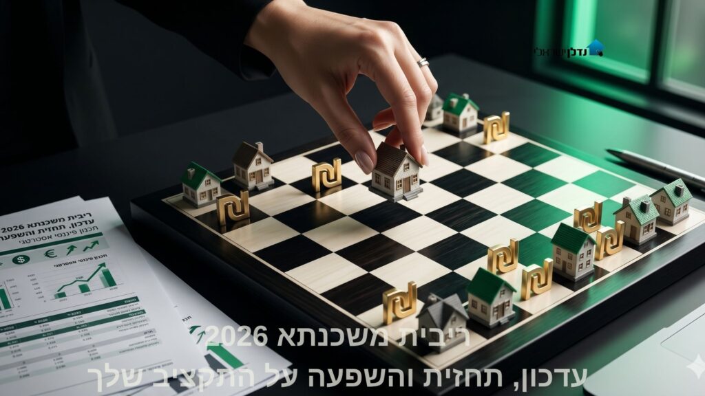 יד מניעה בית על לוח שחמט עם סמלי שקל וגרפים פיננסיים – ריבית משכנתא 2026 תחזית והשפעה על תקציב
