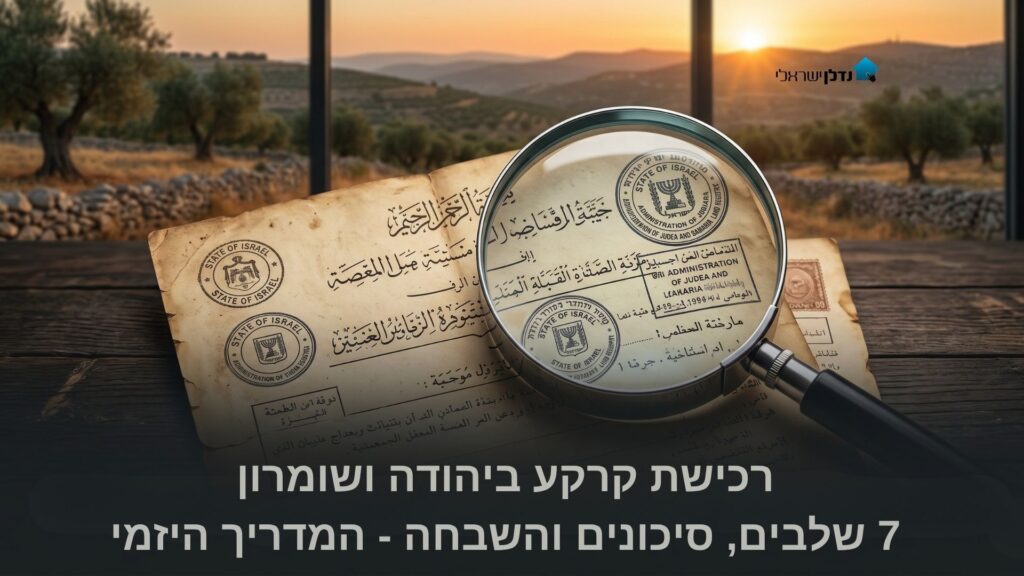 זכוכית מגדלת על מסמכי בעלות קרקע עות׳מניים עם חותמות מינהל יהודה ושומרון על רקע נוף גבעות – רכישת קרקע ביהודה ושומרון
