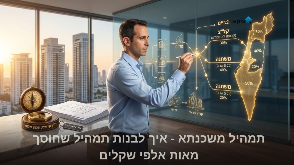 גבר במשרד מצביע על מפת ישראל דיגיטלית עם גרפים פיננסיים – תמהיל משכנתא