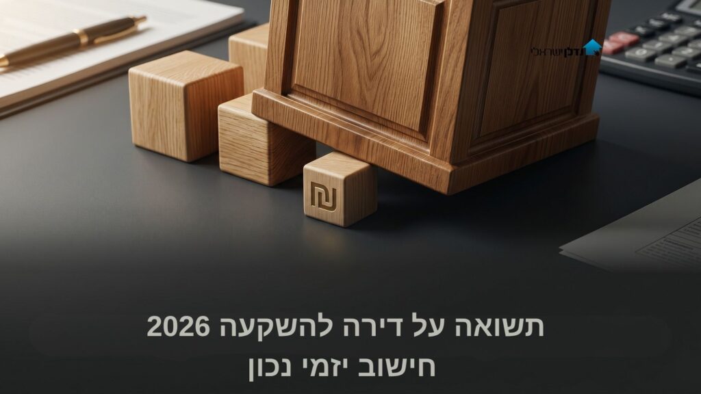 קוביות עץ עם סמל שקל על שולחן ליד מסמכים ומחשבון – תשואה על דירה להשקעה 2026 חישוב יזמי נכון