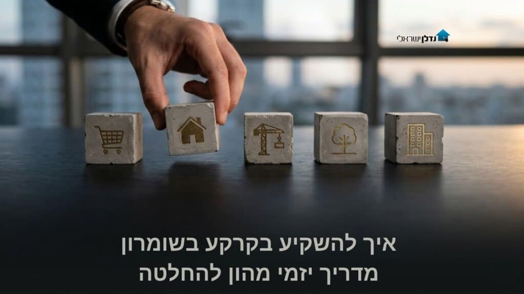 יד בוחרת קוביה עם סמל בית מתוך 5 קוביות סוגי השקעה על שולחן – איך להשקיע בקרקע בשומרון מדריך יזמי