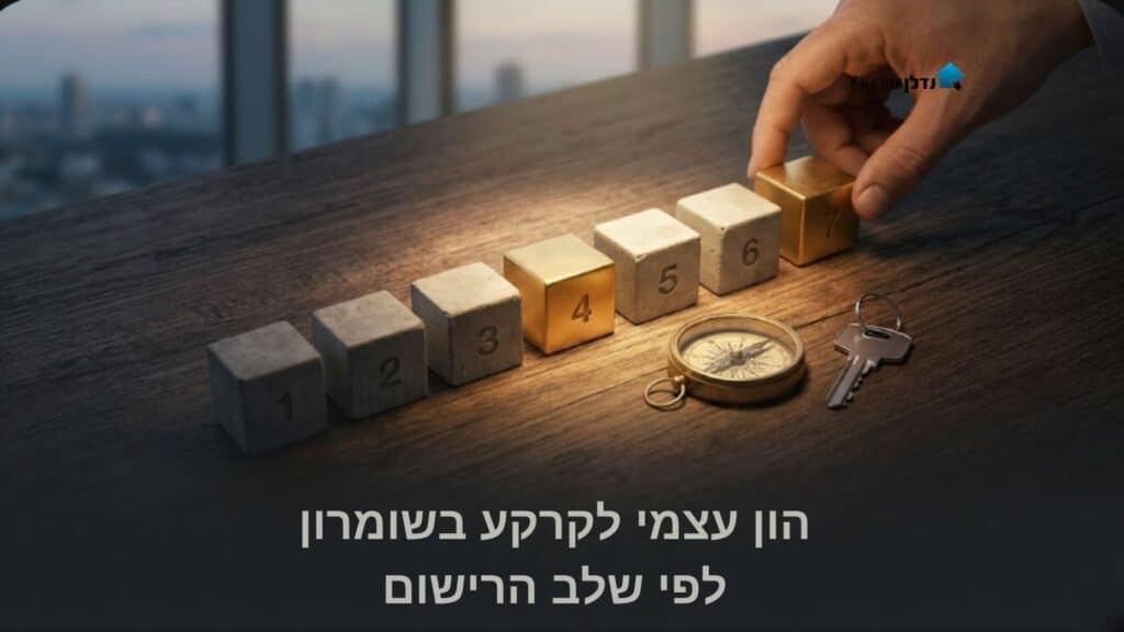 קוביות ממוספרות 1 עד 7 בסדר עולה עם מצפן ומפתחות על שולחן – הון עצמי לקרקע בשומרון לפי שלב הרישום