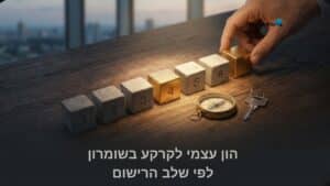 קוביות ממוספרות 1 עד 7 בסדר עולה עם מצפן ומפתחות על שולחן – הון עצמי לקרקע בשומרון לפי שלב הרישום
