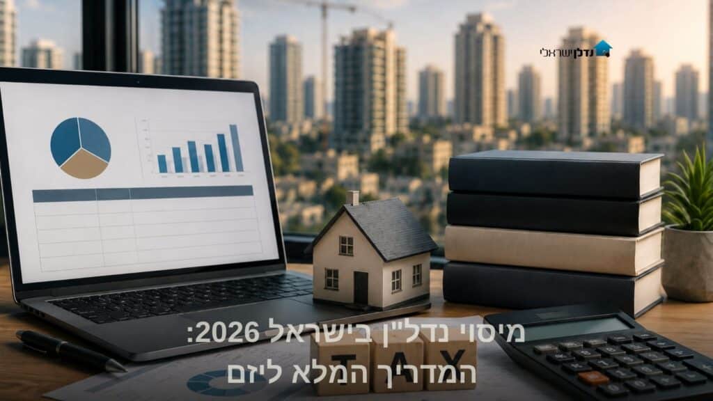 מיסוי נדל״ן בישראל עם מחשבון, מודל בית, דוחות פיננסיים ונוף עירוני ברקע