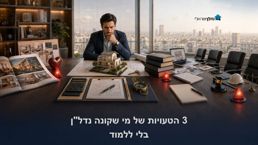 רוכש מודאג יושב מול דגם בית ותוכניות, מוקף בלב אדום, סימני אזהרה, מחשבון ומאזניים, 3 הטעויות של מי שקונה נדל"ן בלי ללמוד בשיטת נדל"ן בפיג'מה