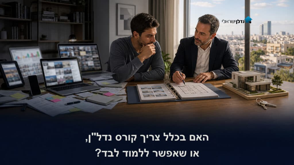 מנטור מלמד תלמיד לנתח עסקת נדל"ן מול מסכים, תוכניות בנייה ודגם בית, האם צריך קורס נדל"ן או ללמוד לבד בשיטת נדל"ן בפיג'מה