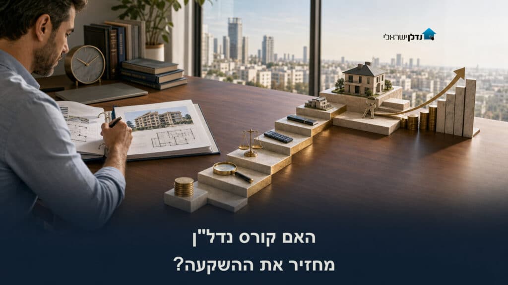 אדם לומד תוכניות נדל"ן ליד מדרגות עולות עם מטבעות, מאזניים, מחשבון וחץ צמיחה אל דגם בית, האם קורס נדל"ן מחזיר את ההשקעה בשיטת נדל"ן בפיג'מה