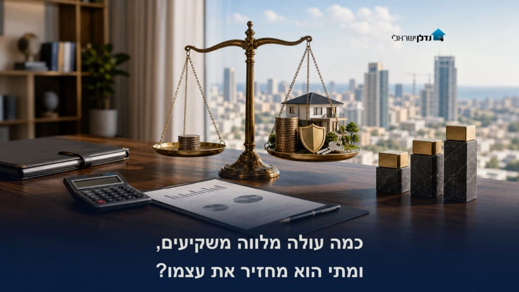 מאזני זהב ששוקלים עלות מול ערך בעסקת נדל"ן, מטבעות מול בית עם מגן ומפתחות, לצד מחשבון וגרפים, כמה עולה מלווה משקיעים ומתי הוא מחזיר את עצמו בשיטת נדל"ן בפיג'מה
