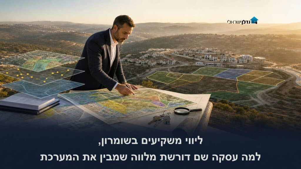 מלווה משקיעים בוחן מפת חלקות קרקע מול נוף יישובי השומרון בשקיעה, עם שכבות תכנון, זכוכית מגדלת ומפתחות, ליווי משקיעים בשומרון בשיטת נדל"ן בפיג'מה