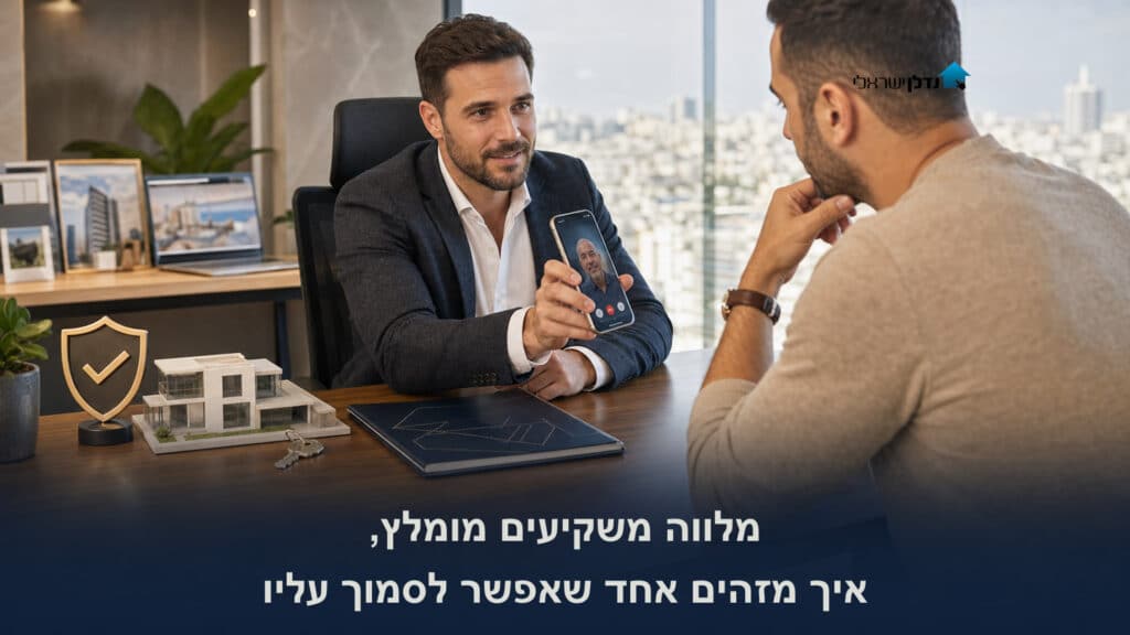 מלווה משקיעים מראה ללקוח שיחת וידאו חיה עם ממליץ, לצד מגן זהב עם סימן וי ודגם בית, איך מזהים מלווה משקיעים מומלץ ואמין בשיטת נדל"ן בפיג'מה