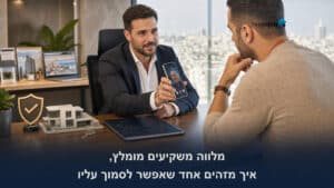 מלווה משקיעים מראה ללקוח שיחת וידאו חיה עם ממליץ, לצד מגן זהב עם סימן וי ודגם בית, איך מזהים מלווה משקיעים מומלץ ואמין בשיטת נדל"ן בפיג'מה